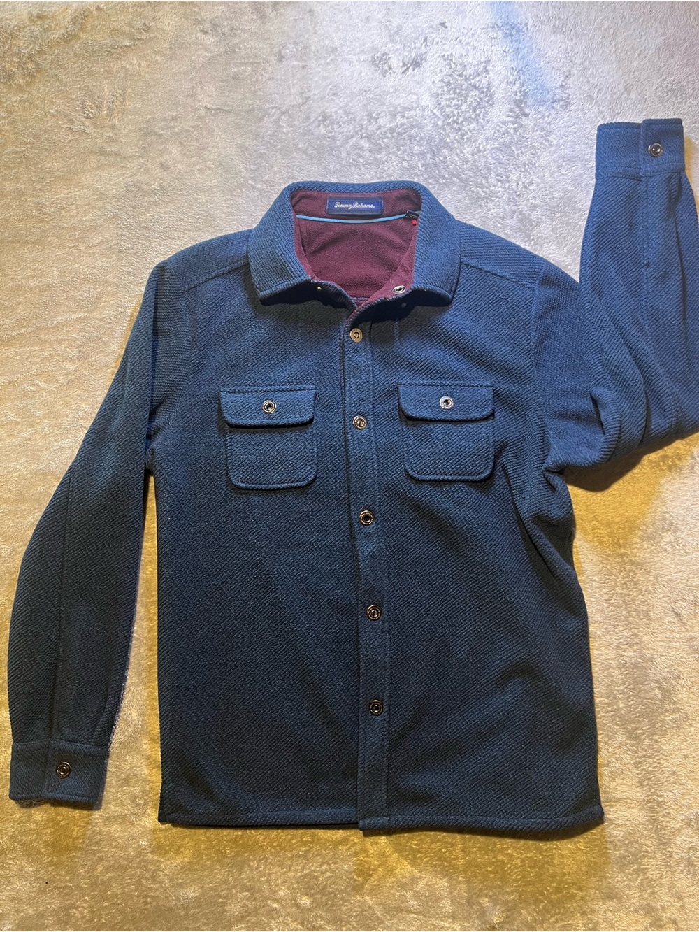 Tommy Bahama Navy Button-Front Shirt Jacket with Burgundy Collar